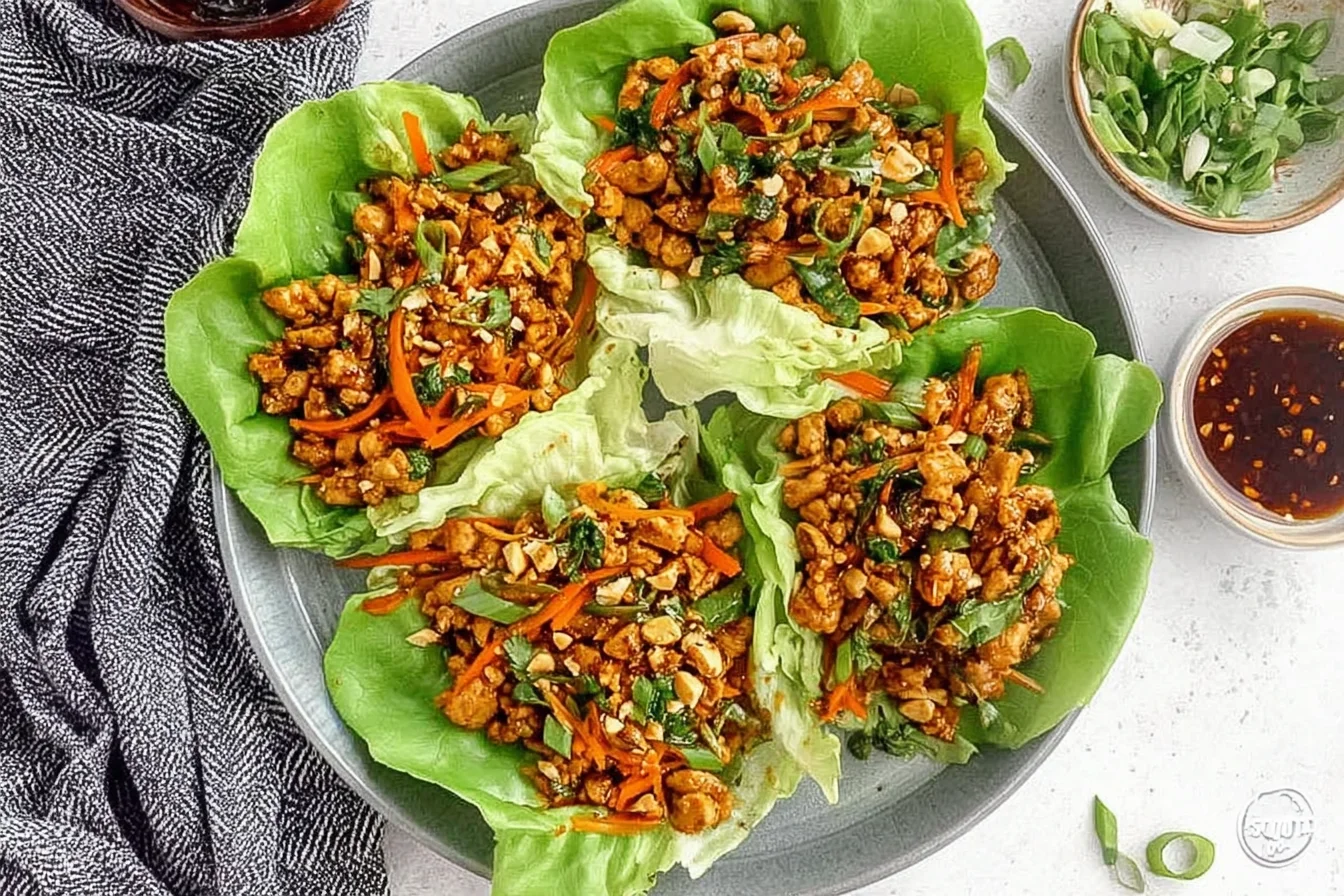 Thai Chicken Lettuce Wraps served in butter lettuce cups with sweet chili ground chicken, shredded carrots, cashews, cilantro, and scallions.