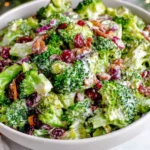 The Best Broccoli Salad in a white bowl with creamy dressing, crispy bacon, dried cranberries, red onion, and sliced almonds.