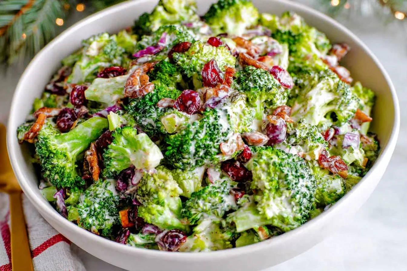 The Best Broccoli Salad in a white bowl with creamy dressing, crispy bacon, dried cranberries, red onion, and sliced almonds.