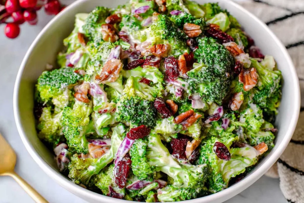 The Best Broccoli Salad in a bowl with creamy dressing, dried cranberries, chopped red onion, and crunchy nuts.
