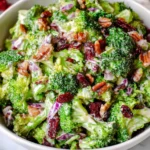 The Best Broccoli Salad in a bowl with creamy dressing, dried cranberries, chopped red onion, and crunchy nuts.