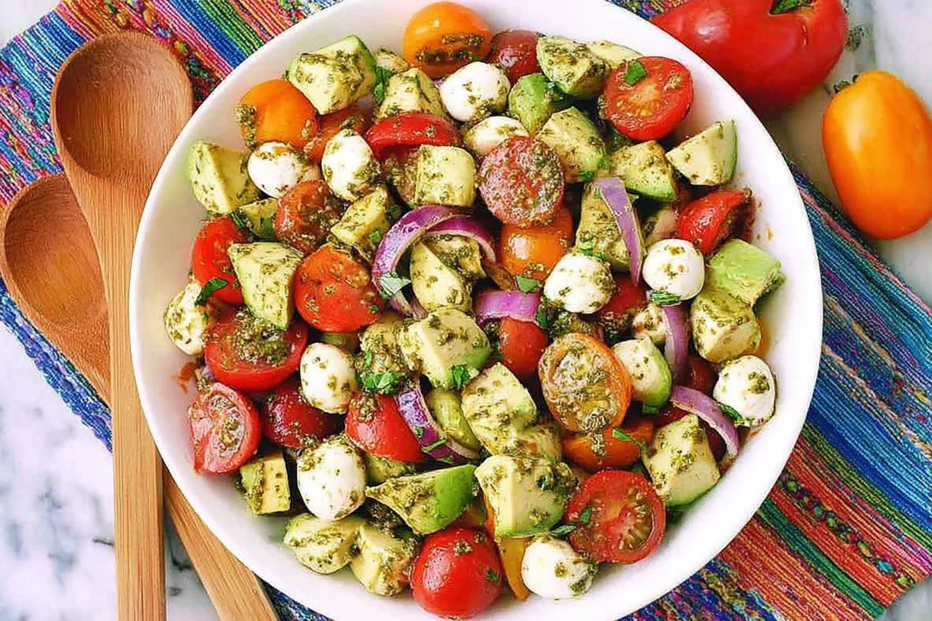 Avocado Salad Tomatoes Mozzarella Basil Pesto with cherry tomatoes, cucumber, red onion, and mozzarella pearls in a white bowl.