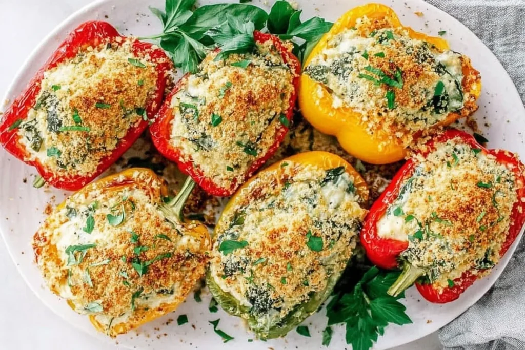 Tuscan Ricotta Stuffed Peppers baked with creamy spinach ricotta filling, topped with golden breadcrumbs and parsley on a white serving plate.