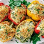 Tuscan Ricotta Stuffed Peppers baked with creamy spinach ricotta filling, topped with golden breadcrumbs and parsley on a white serving plate.