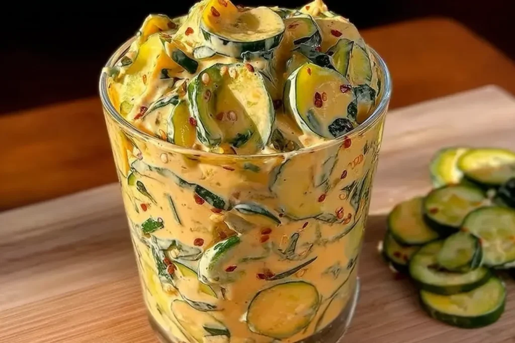 Viral Creamy Asian Cucumber Salad in a glass cup, sliced cucumbers coated in creamy spicy dressing with sesame seeds and red pepper flakes.
