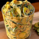 Viral Creamy Asian Cucumber Salad in a glass cup, sliced cucumbers coated in creamy spicy dressing with sesame seeds and red pepper flakes.