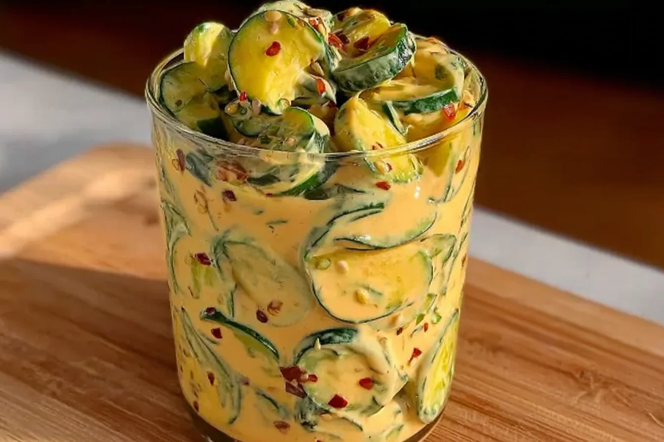 Viral Creamy Asian Cucumber Salad in a glass, thin-sliced cucumbers coated in creamy spicy dressing with chili flakes and sesame seeds.