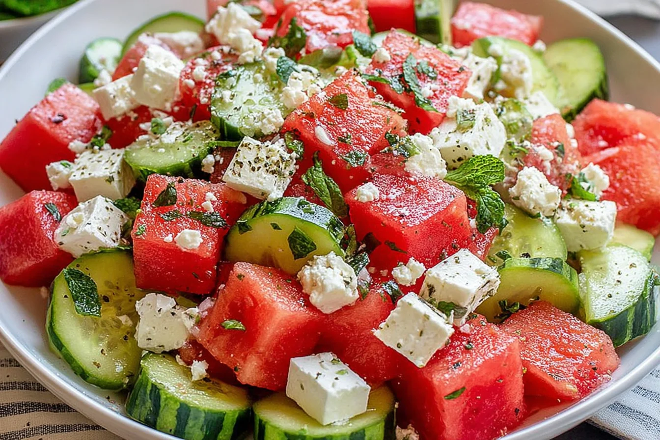 Watermelon Cucumber Feta Salad in a white bowl with juicy watermelon cubes, sliced cucumber, feta cheese, fresh mint, and lime.