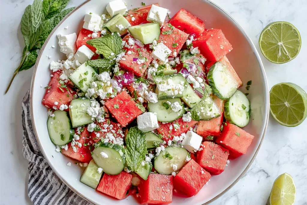 Watermelon Cucumber Feta Salad in a white bowl with watermelon cubes, sliced cucumber, crumbled feta, fresh mint, and lime halves on the side