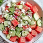 Watermelon Cucumber Feta Salad in a white bowl with watermelon cubes, sliced cucumber, crumbled feta, fresh mint, and lime halves on the side
