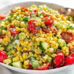 Fresh Corn Salad with sweet corn, cherry tomatoes, cucumber, bell pepper, red onion, cilantro, and Cotija in a zesty lime dressing.
