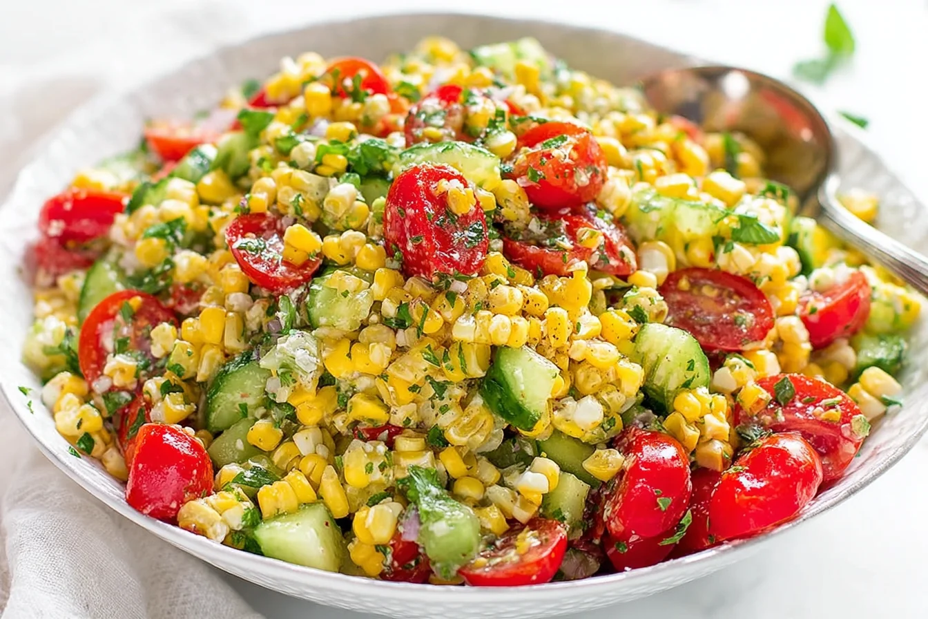 Fresh Corn Salad with sweet corn, cherry tomatoes, cucumber, bell pepper, red onion, cilantro, and Cotija in a zesty lime dressing.