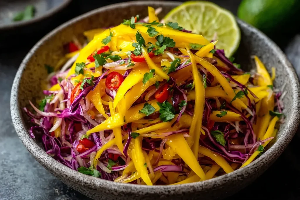 Vibrant Mango Slaw with shredded purple cabbage, sliced mango, red chili, cilantro, and fresh lime in a rustic bowl.