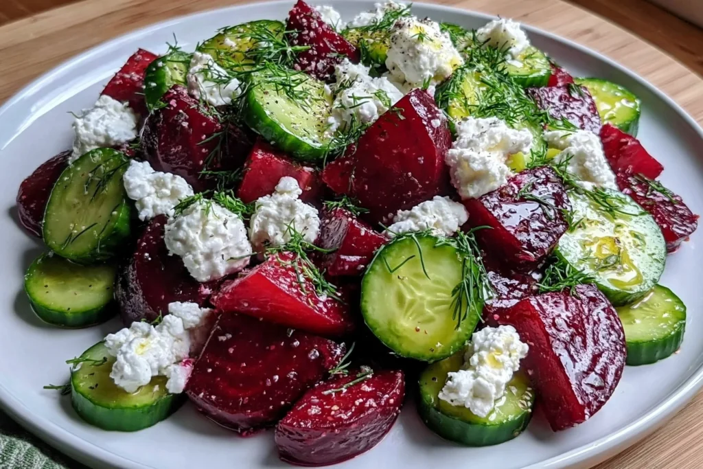 Beet Salad with Feta Cucumbers and Dill with roasted beet wedges, fresh cucumber slices, crumbled feta cheese, dill, and olive oil dressing on a white platter