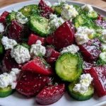 Beet Salad with Feta Cucumbers and Dill with roasted beet wedges, fresh cucumber slices, crumbled feta cheese, dill, and olive oil dressing on a white platter