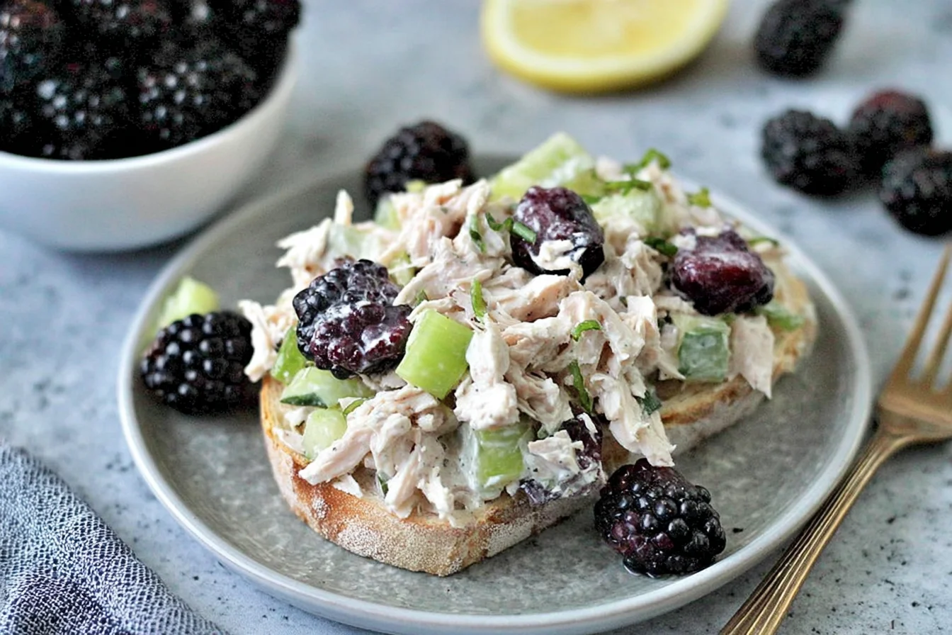 Low Carb Blackberry Cottage Cheese Chicken Salad piled on keto bread with celery and juicy blackberries for a high-protein lunch.