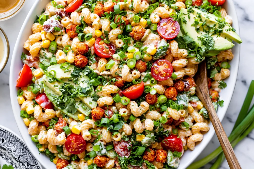 Buffalo Chickpea Pasta Salad close-up with creamy green chile ranch, crispy buffalo chickpeas, cherry tomatoes, corn, avocado, cilantro, and green onions.