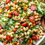 Buffalo Chickpea Pasta Salad close-up with creamy green chile ranch, crispy buffalo chickpeas, cherry tomatoes, corn, avocado, cilantro, and green onions.