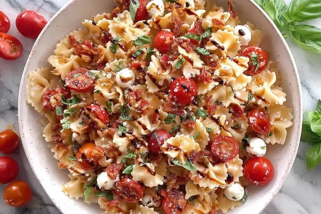 Cherry Tomato Bruschetta Pasta Salad with bowtie pasta, cherry tomatoes, mozzarella pearls, basil, crispy croutons, Parmesan, and balsamic glaze in a large bowl.