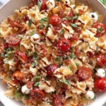 Cherry Tomato Bruschetta Pasta Salad with bowtie pasta, cherry tomatoes, mozzarella pearls, basil, crispy croutons, Parmesan, and balsamic glaze in a large bowl.