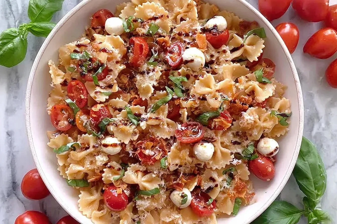 Cherry Tomato Bruschetta Pasta Salad in a white bowl with bowtie pasta, juicy cherry tomatoes, mozzarella pearls, basil, Parmesan, and balsamic glaze.