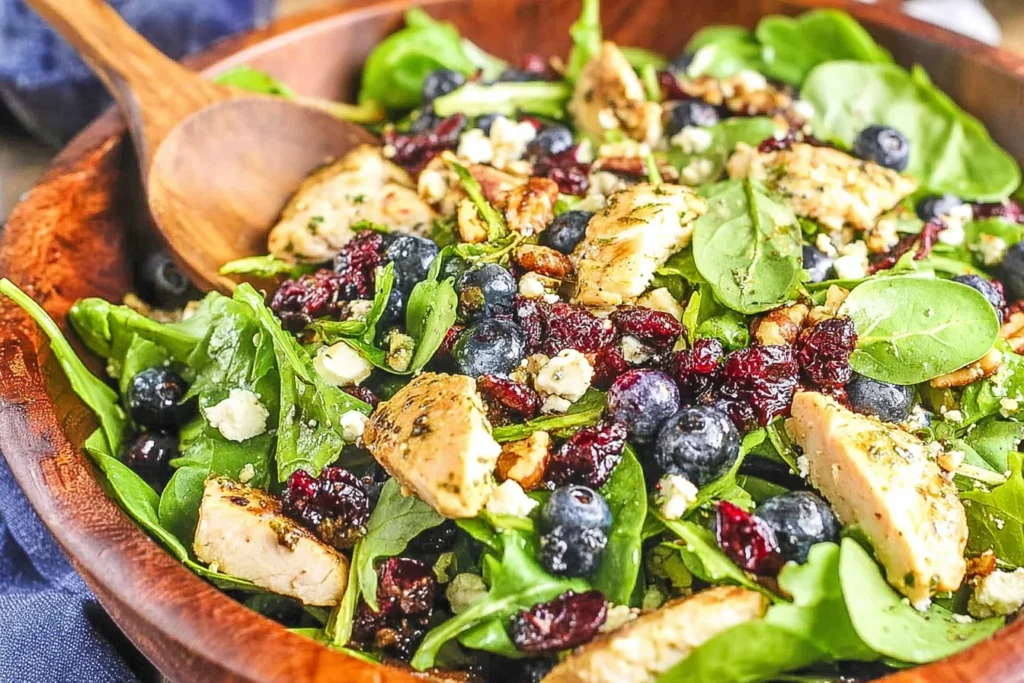 Close-up of Chicken Blueberry Feta Salad with grilled chicken, fresh spinach/spring greens, blueberries, dried cranberries, feta crumbles, and balsamic dressing.