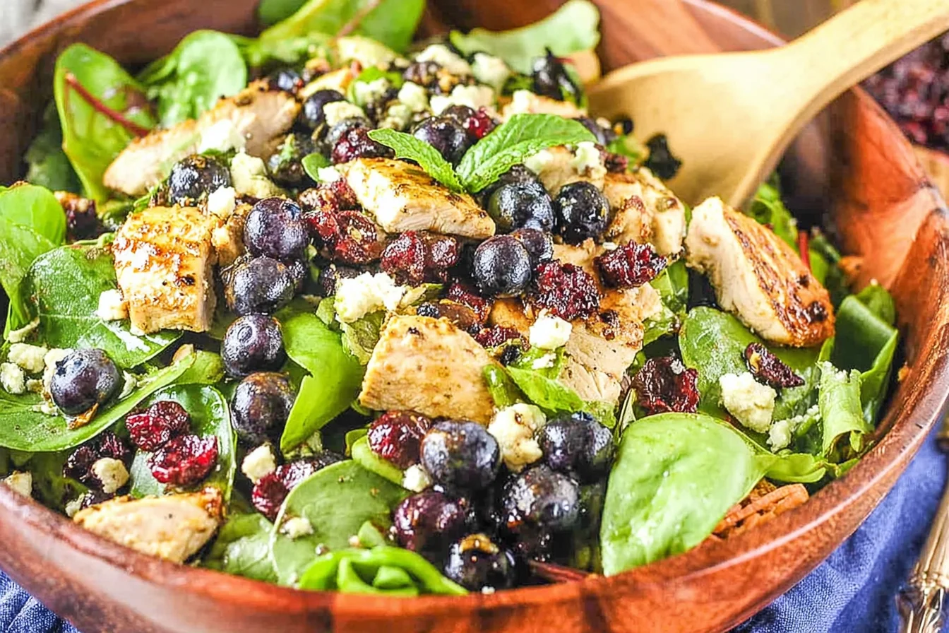 Bowl of Chicken Blueberry Feta Salad with grilled chicken, fresh blueberries, dried cranberries, feta, and spring greens with balsamic vinaigrette.