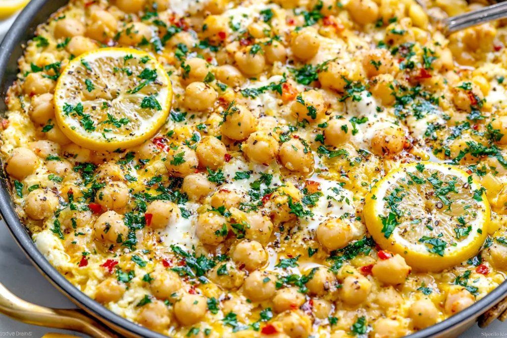Chickpea Lemon Skillet with creamy chickpeas, lemon slices, fresh parsley, feta, and chili flakes in a skillet