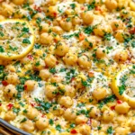 Chickpea Lemon Skillet with creamy chickpeas, lemon slices, fresh parsley, feta, and chili flakes in a skillet