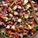 Sesame Chicken and Chickpea Salad in a wooden bowl with chicken, chickpeas, red cabbage, carrots, green onions, sesame seeds, and sesame-ginger dressing