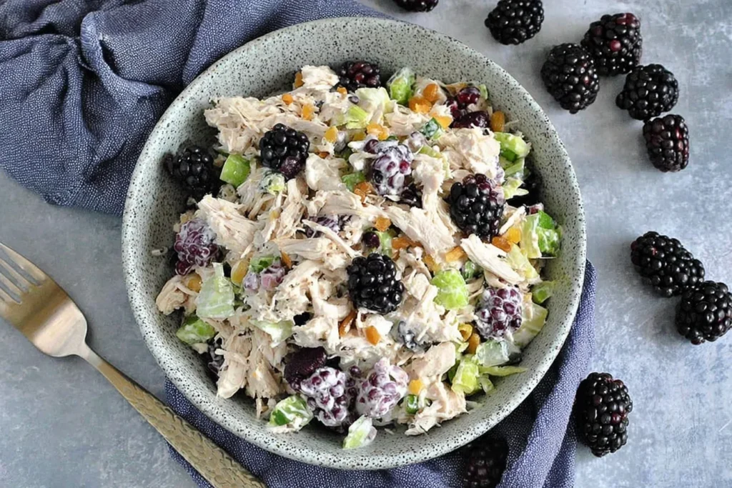 Low Carb Blackberry Cottage Cheese Chicken Salad in a bowl with shredded chicken, celery, and fresh blackberries—creamy, high-protein, and low carb.