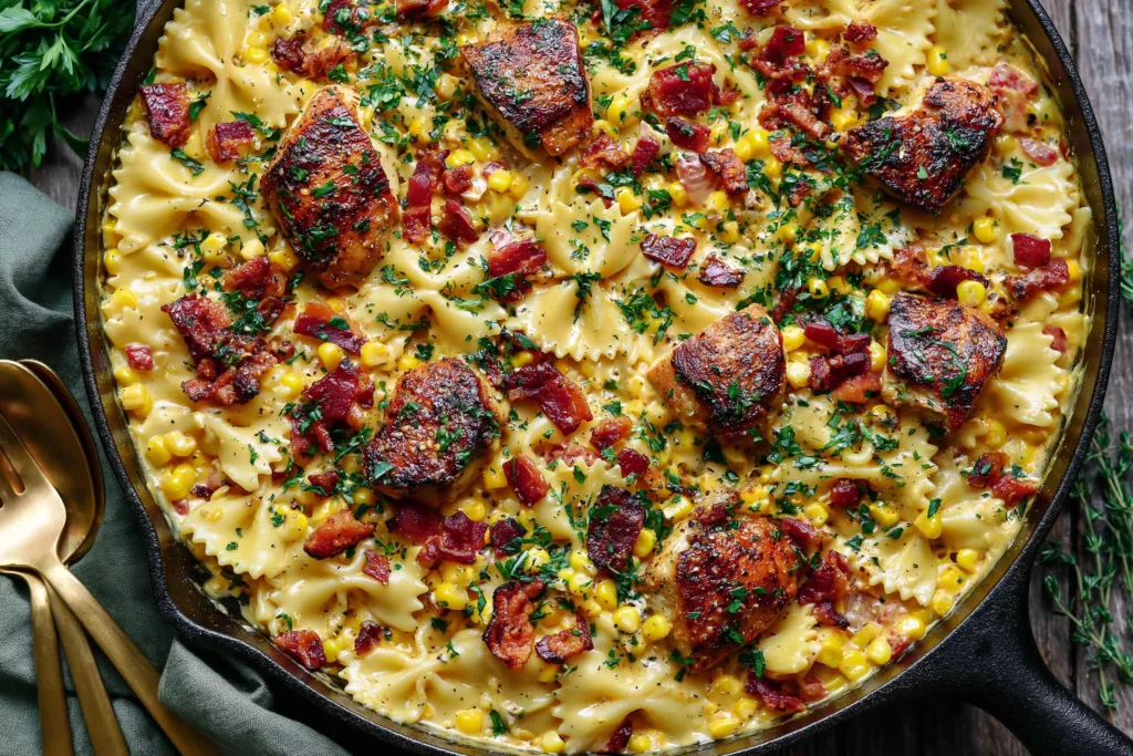 Close-up of Creamy Chicken and Corn Pasta with Bacon in a cast-iron skillet, with bow-tie pasta, creamy Parmesan sauce, sweet corn, crispy bacon, and herby chicken.