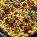 Close-up of Creamy Chicken and Corn Pasta with Bacon in a cast-iron skillet, with bow-tie pasta, creamy Parmesan sauce, sweet corn, crispy bacon, and herby chicken.