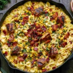 Creamy Chicken and Corn Pasta with Bacon in a skillet, with bow-tie pasta, tender chicken, sweet corn, and crispy bacon in a creamy Parmesan sauce.