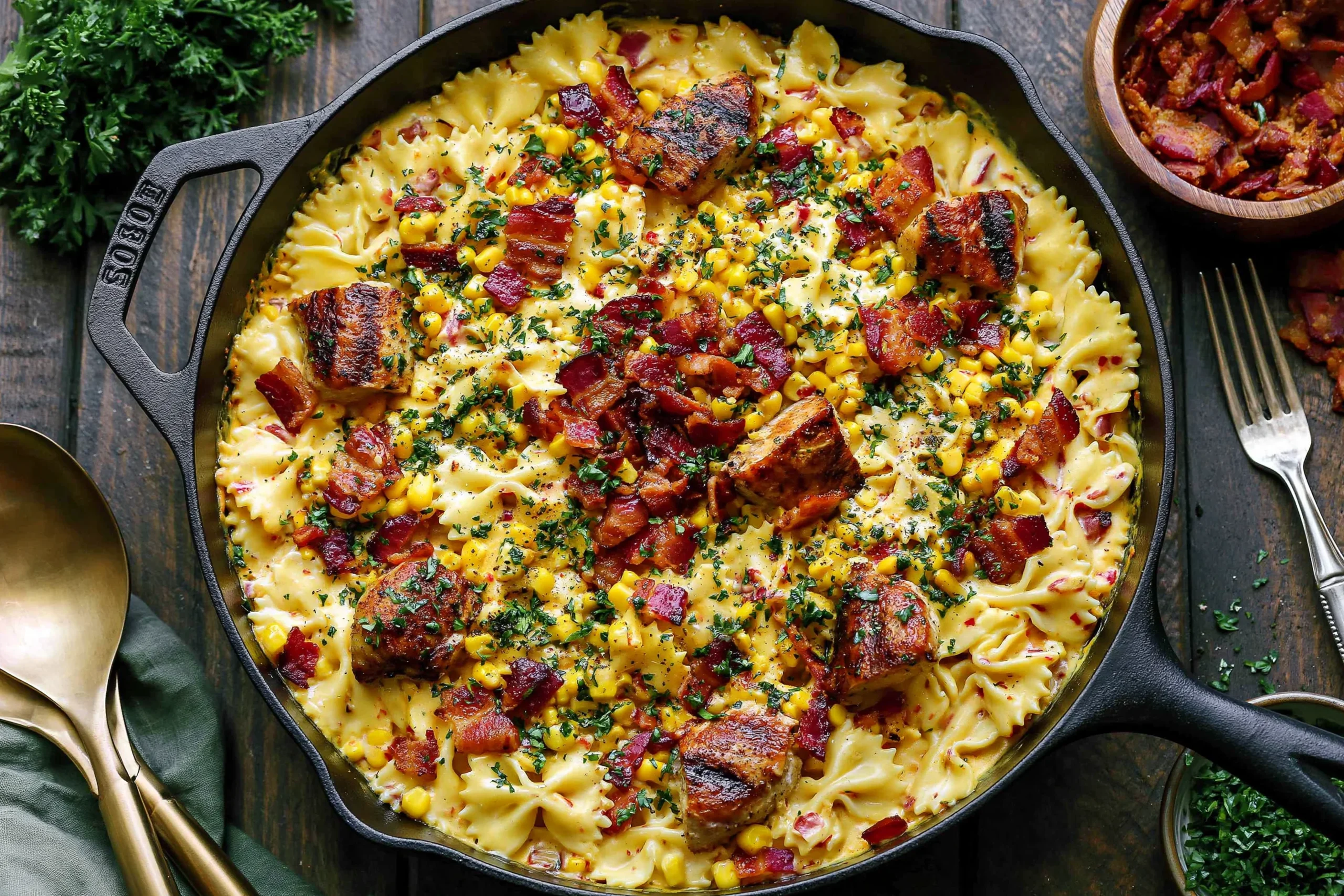 Creamy Chicken and Corn Pasta with Bacon in a skillet, with bow-tie pasta, tender chicken, sweet corn, and crispy bacon in a creamy Parmesan sauce.