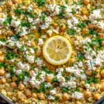 Chickpea Lemon Skillet with creamy chickpeas, feta, fresh parsley, and lemon slice in a skillet