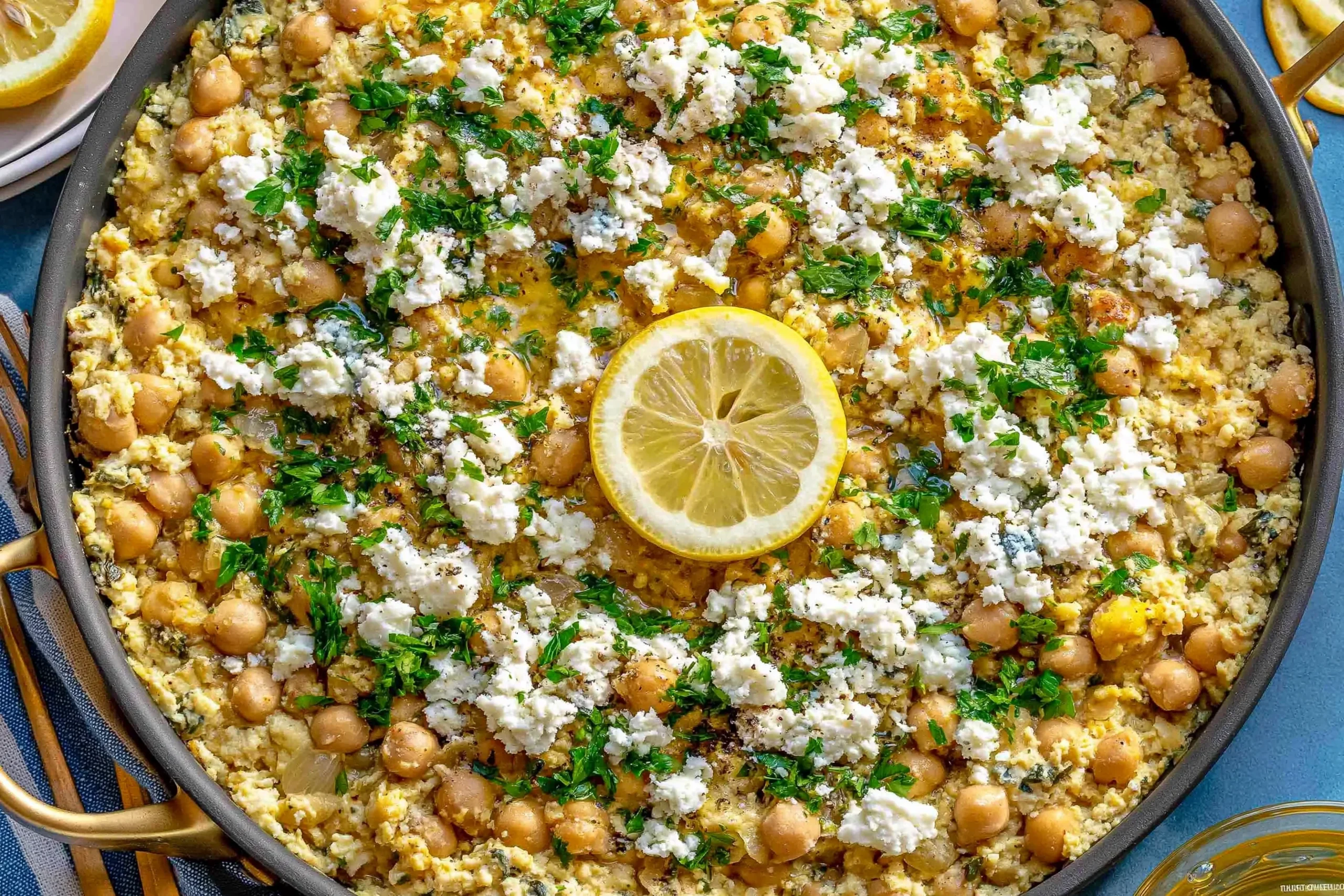 Chickpea Lemon Skillet with creamy chickpeas, feta, fresh parsley, and lemon slice in a skillet
