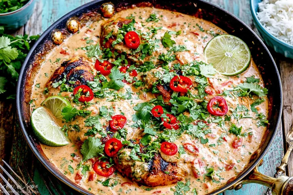 Coconut Chicken in a creamy coconut lime sauce with cilantro, red chili slices, and rice on the side