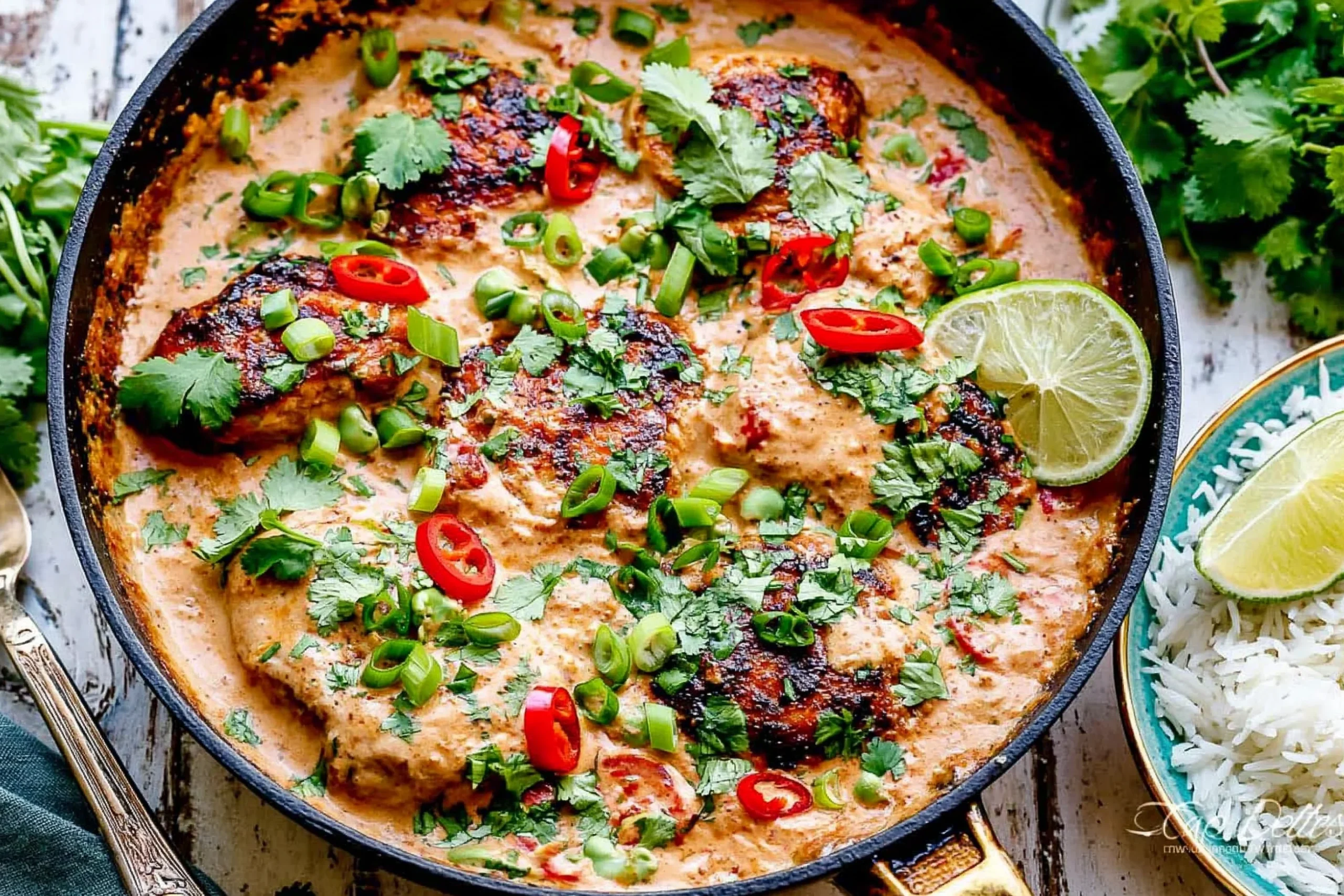 Coconut Chicken skillet with creamy coconut sauce, lime, cilantro, green onions, red chili slices, and rice on the side