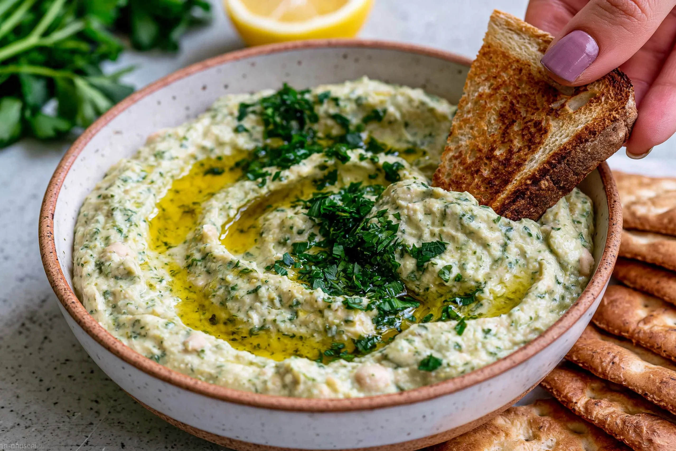 Lemon & Herb White Bean Dip topped with fresh parsley and olive oil, served in a bowl with toasted bread and crackers for a healthy Mediterranean appetizer.