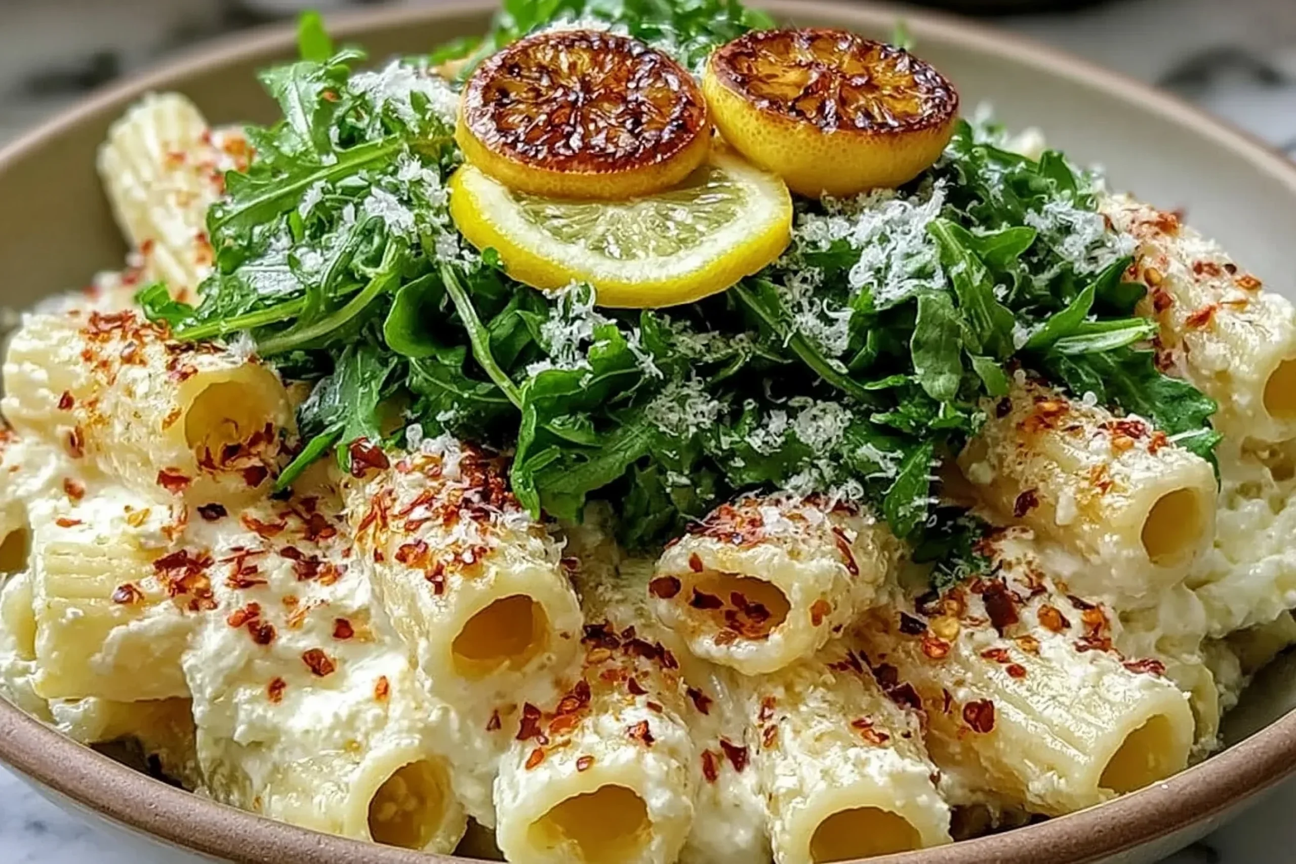 Stanley Tucci’s Creamy Lemon Ricotta Pasta With Arugula served with rigatoni, Parmesan, chili flakes, and caramelized lemon slices
