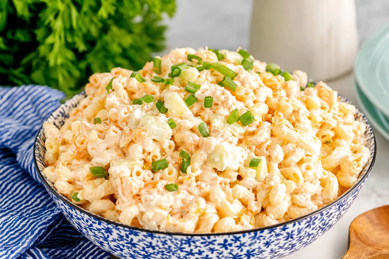 Creamy Macaroni Hawaiian Salad in a blue bowl topped with sliced green onions, made with elbow pasta, grated carrots, and a mayo dressing.