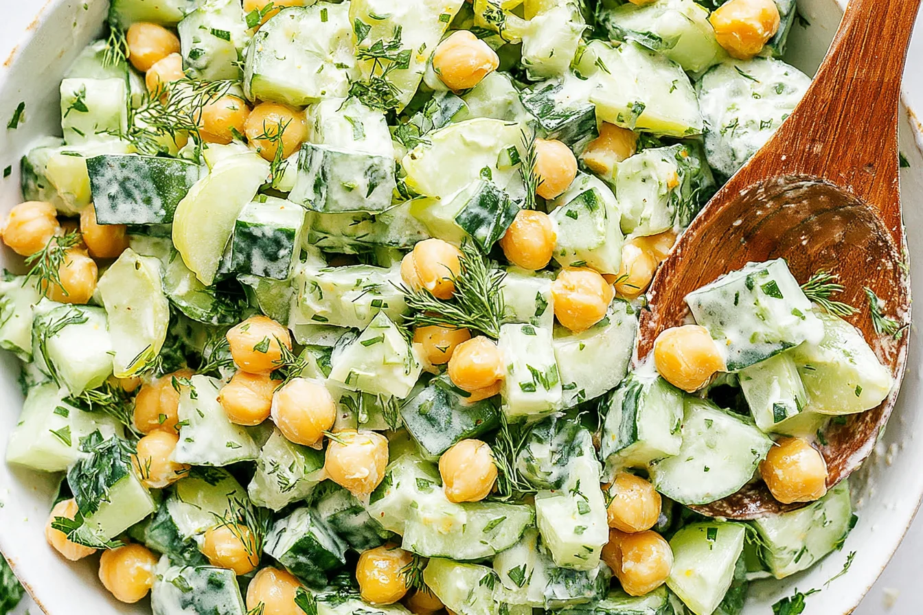 Rudy’s Sunshine Salad with chickpeas, cucumbers, and creamy tahini-lime dressing in a white bowl