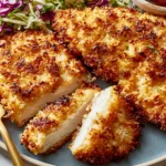 Crunchy Coconut Chicken with golden coconut-panko crust, fresh cabbage slaw, spicy dipping sauce, and lime wedges on a plate
