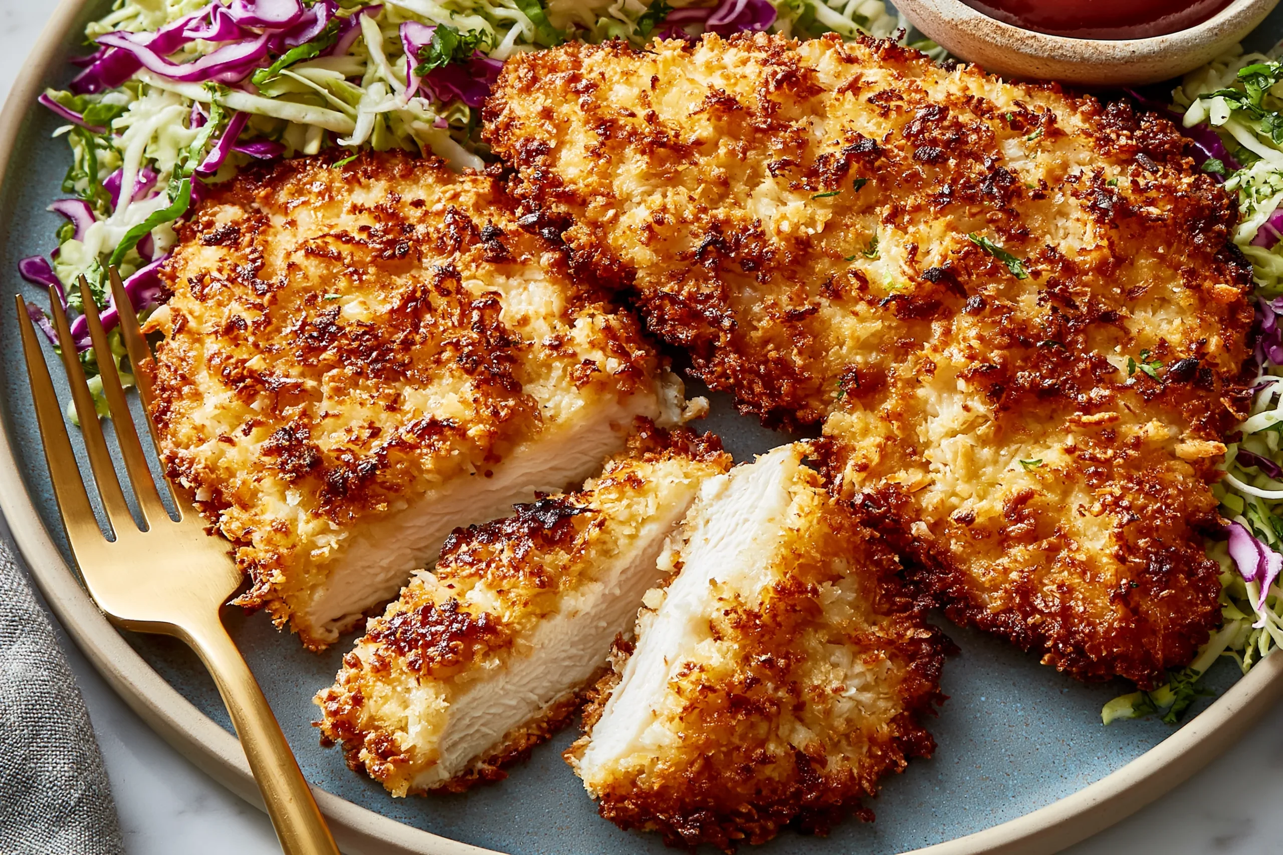 Crunchy Coconut Chicken with golden coconut-panko crust, fresh cabbage slaw, spicy dipping sauce, and lime wedges on a plate