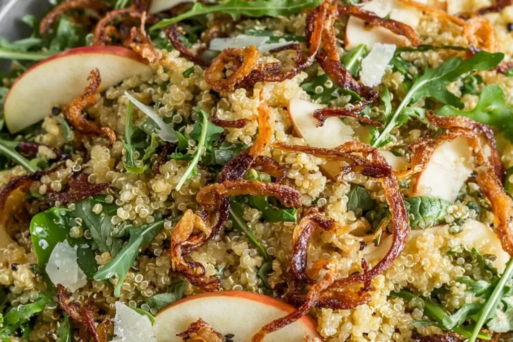 Close-up of Honey Mustard Quinoa Apple Salad with arugula, crisp apple slices, parmesan shavings, and crispy shallots tossed in honey mustard dressing.