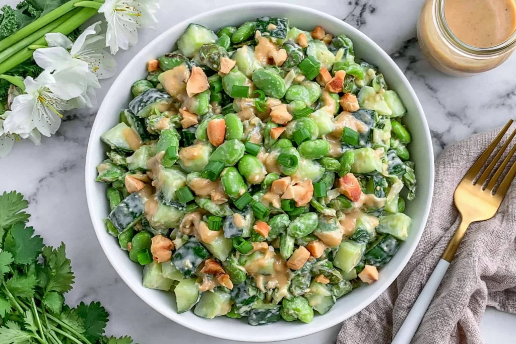 Cucumber Edamame Salad with creamy miso dressing, chopped cucumbers, edamame, cashews, green onions, and extra dressing on the side