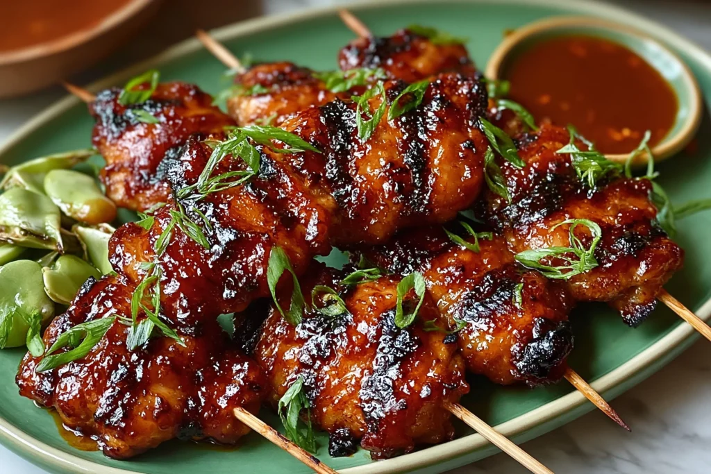 Easy Filipino Chicken Barbecue skewers with glossy sweet-tangy glaze, smoky char marks, green onion garnish, and dipping sauce.