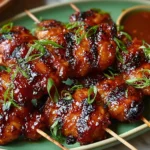 Easy Filipino Chicken Barbecue skewers with glossy sweet-tangy glaze, smoky char marks, green onion garnish, and dipping sauce.