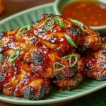 Easy Filipino Chicken Barbecue with glossy grilled chicken, charred edges, green onion garnish, and a sweet dipping sauce.
